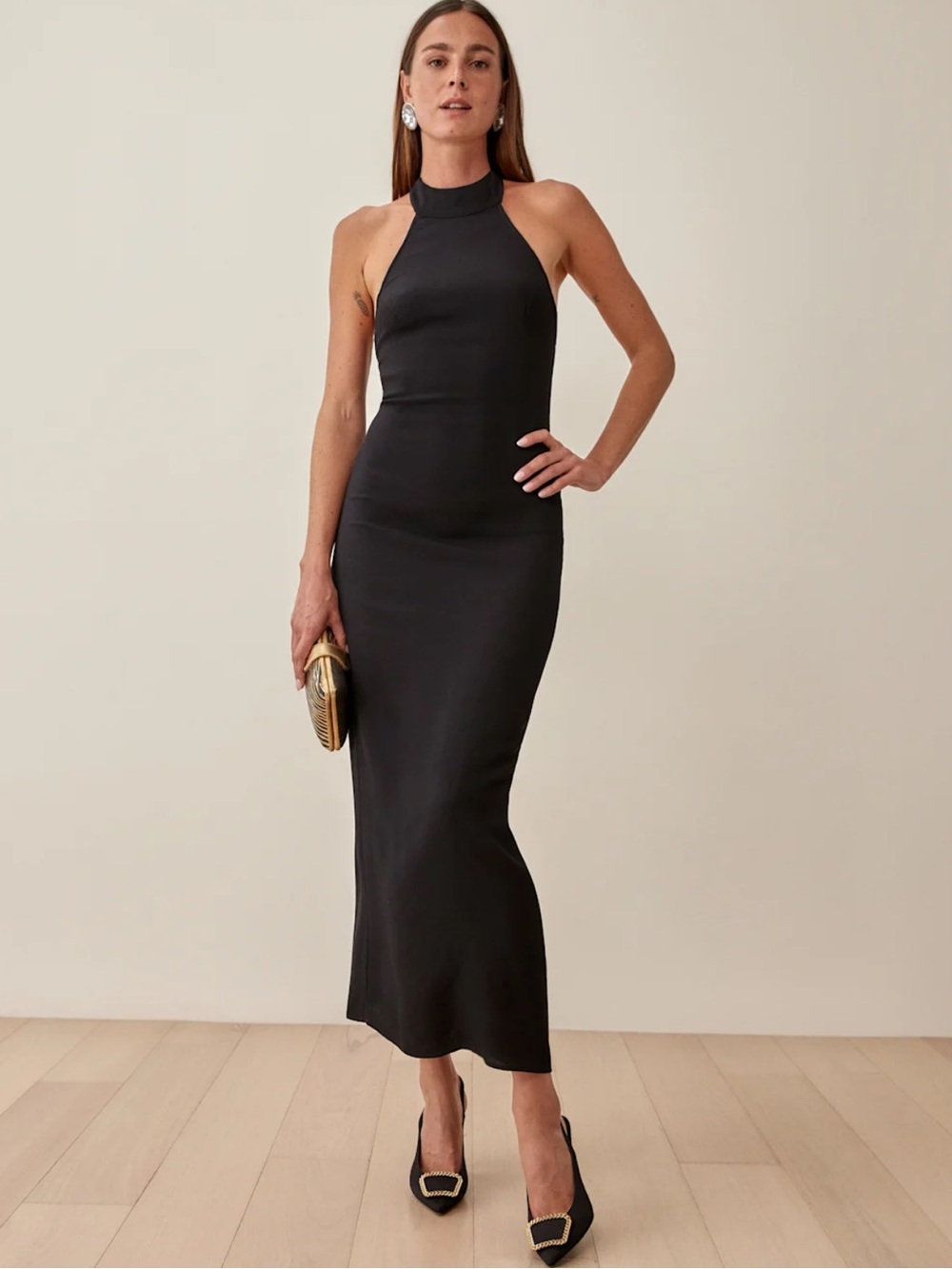 Reformation Filippa Crepe Halter Midi Dress | Black | NWT